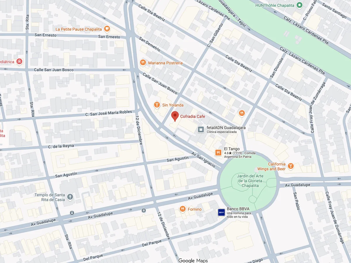 Mapa de la zona con la ubicación de Cofradía Café sobre Av. San Ignacio, en Jardín de San Ignacio, Zapopan