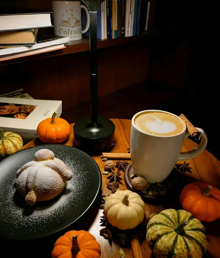 Un Pumpkin Spiced Latte con arte latte junto a un mini pan de muerto espolvoreado de azúcar, sobre una mesa de madera del café con calabazas, canela y anís estrella